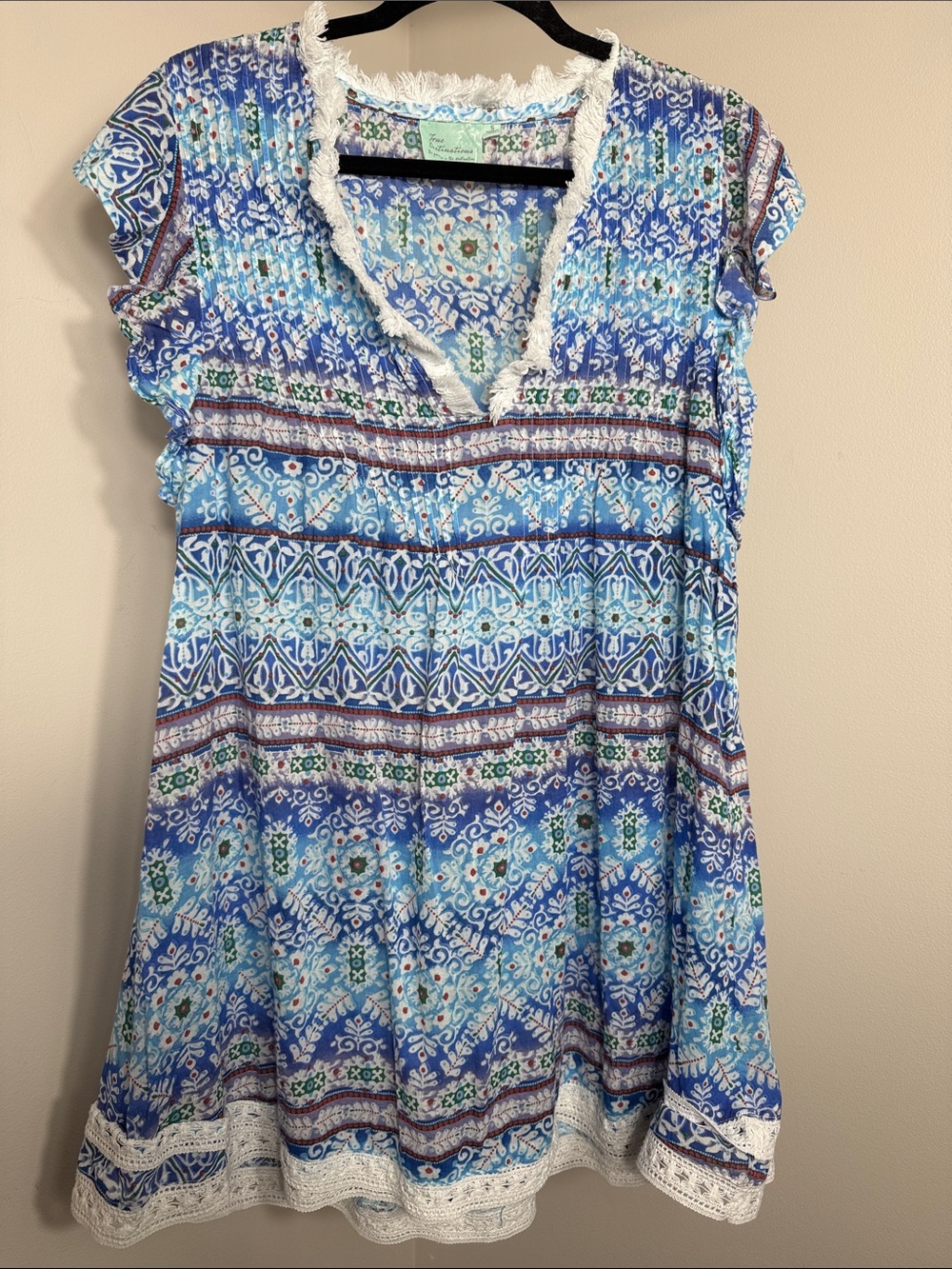 Blue Patterned Mini Dress with Fringe Trim